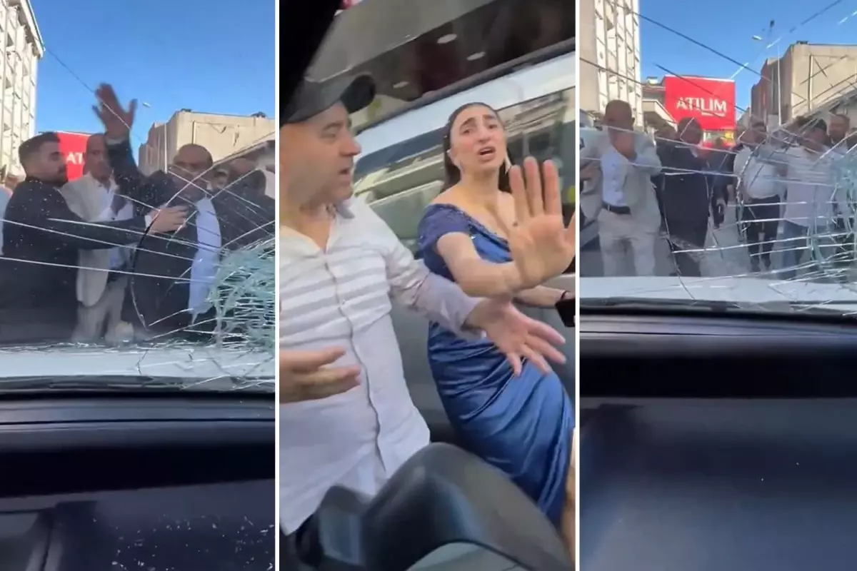 Düğün Konvoyunun Ortasında Kalan Karı-Koca Zor Anlar Yaşadı