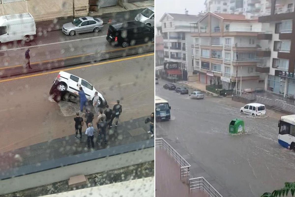 Ankara’da Sağanak Hayatı Felç Etti! Yol Çöktü, Araç Çukura Düştü