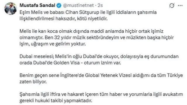 Mustafa Sandal’dan Melis Sandal Hakkındaki Fon İ̇ddialarına Açıklama