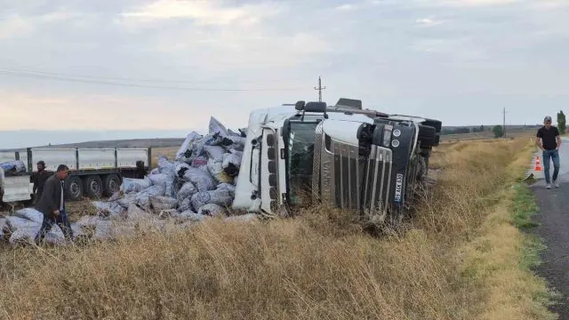 Sorgun'da Meşe Kömürü Yüklü Tır Şarampole Devrildi